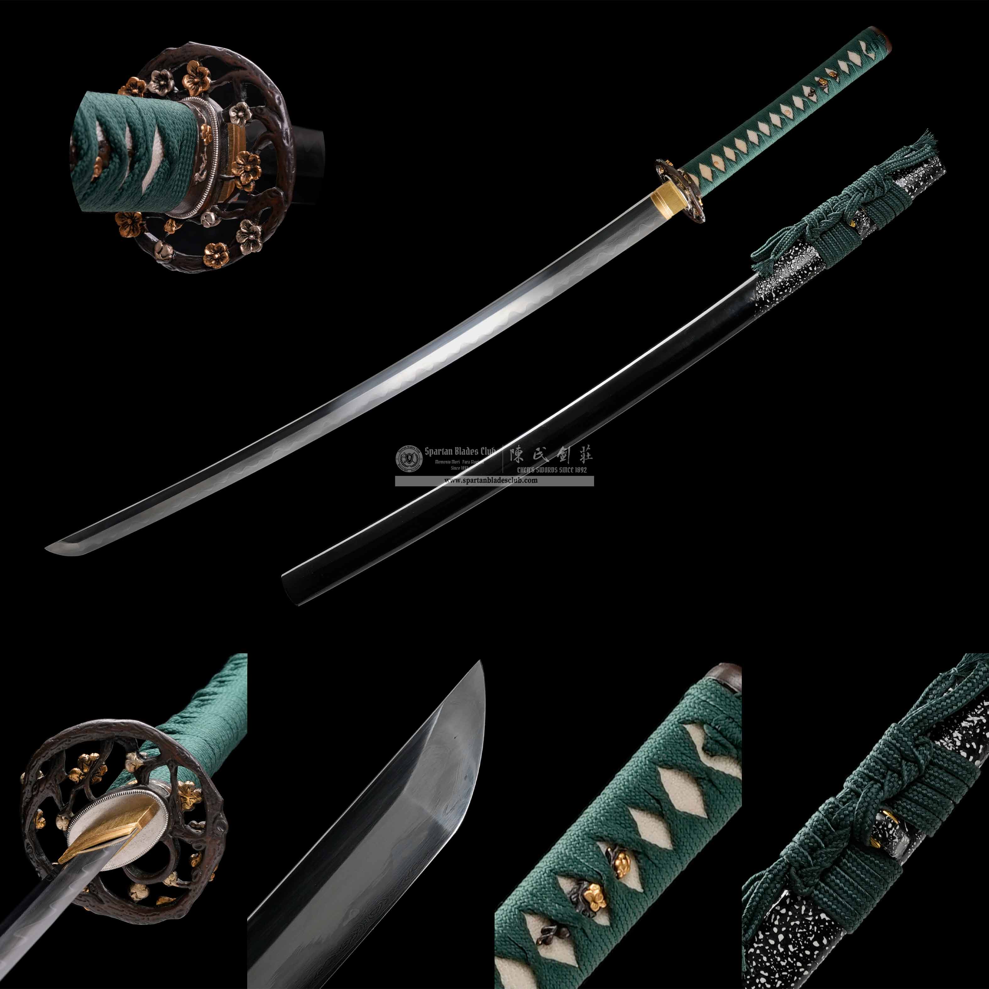 HY159 | Sakura Midori | Katana | Honsanmai structure blade | T10 steel | Damascus steel | Clay-tempered | Real Hamon | Green&Black | Flower | Battle-Ready | Full-tang | Spartan Blades Club | CHEN'S SWORDS 1892 - Spartan Blades Club - 陳氏劍莊1892