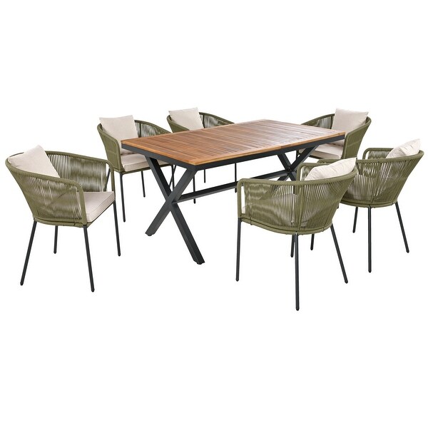 7Piece Acacia Patio Dining Set With Acacia Wood Tabletop and Metal Frame,AllWeather