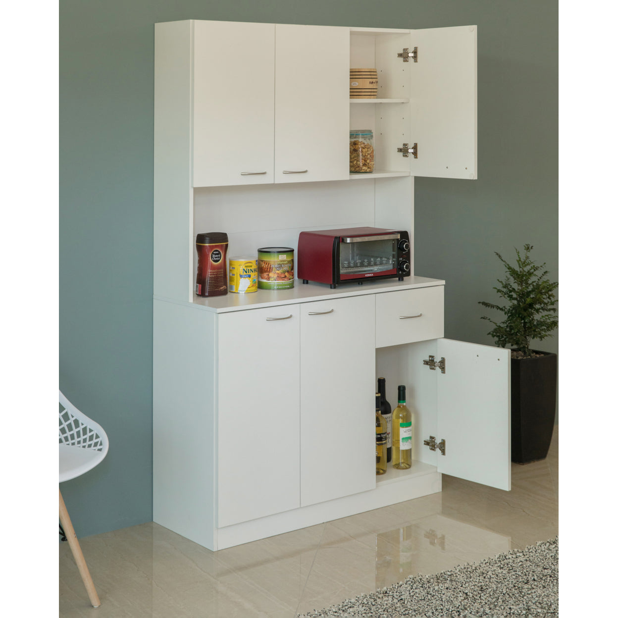 Wooden Kitchen Pantry Storage Cabinet with Drawer, Doors and Shelves, White