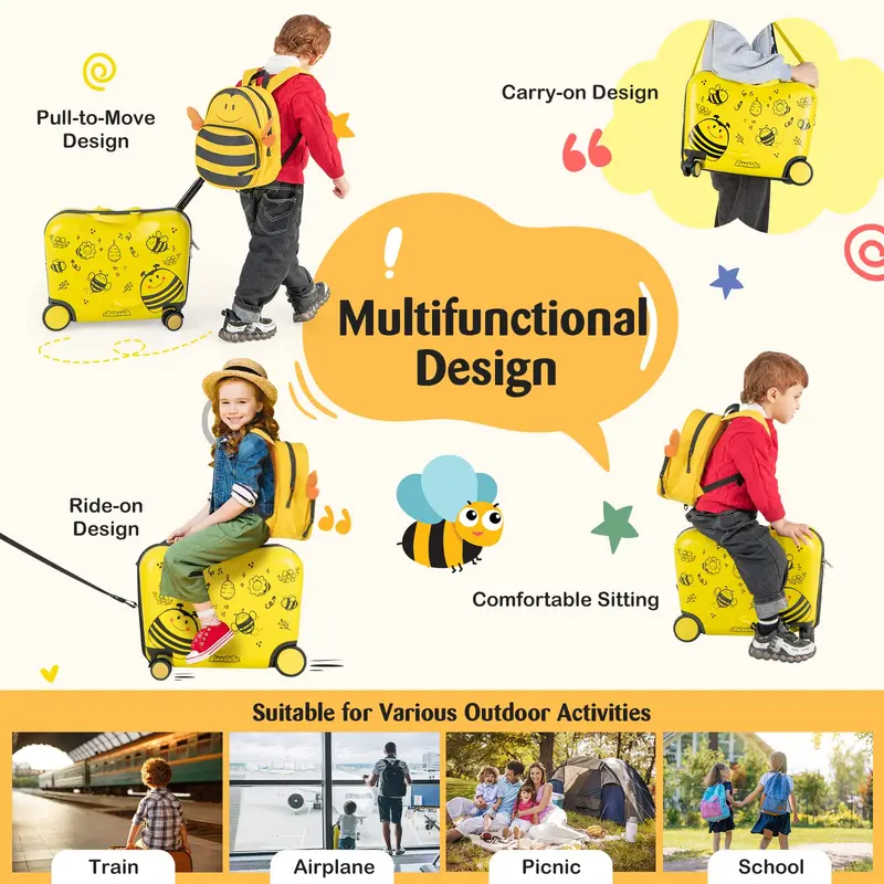 Two-Piece Kids’ Luggage Set – 18″ Carry-On + Ride-On Suitcase with 360° Spinner Wheels