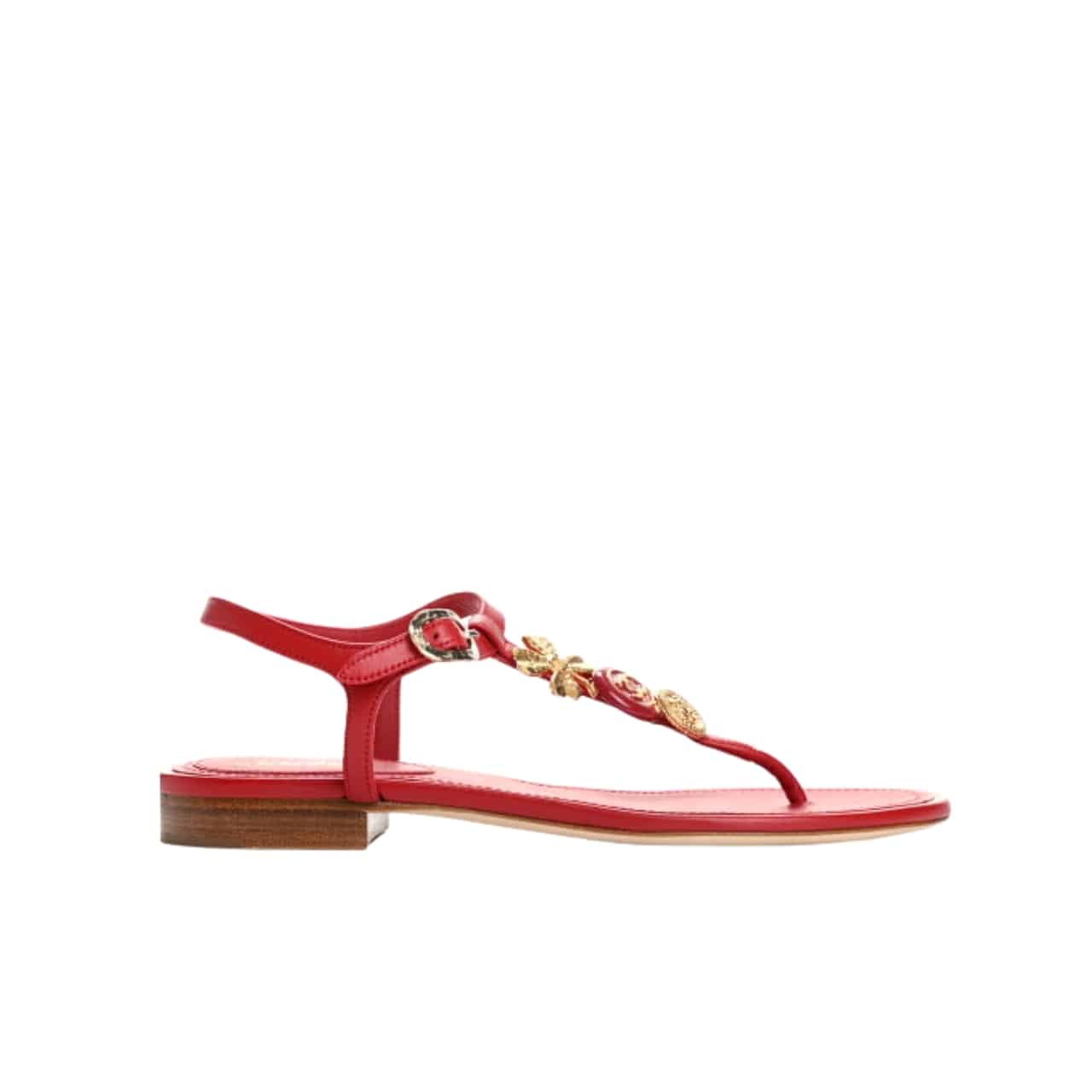 Chanel Camellia Thongs Sandals With Gold Leaf Clover Wine Red