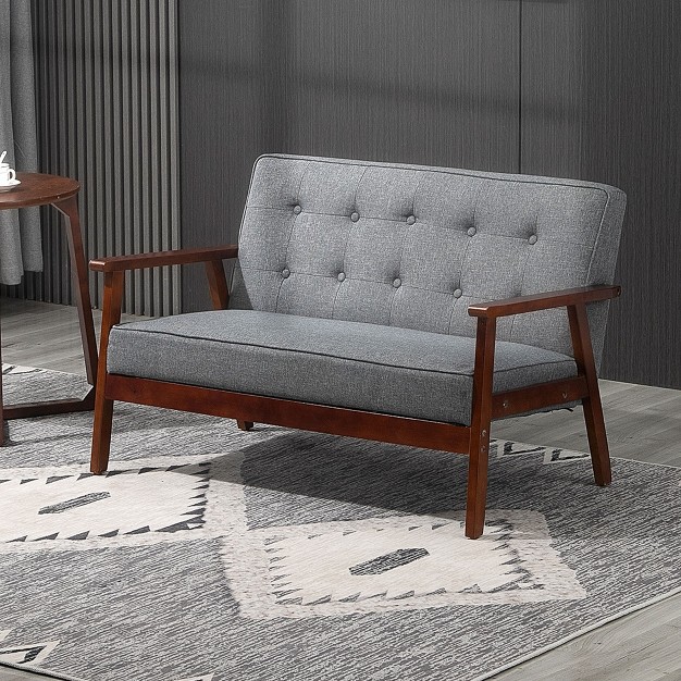 Homcom Modern Upholstered 2 seat Loveseat Sofa With Linen touch Fabric And Rubberwood Legs Gray