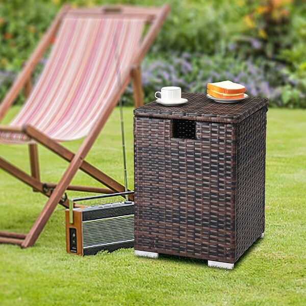 Outdoor Rattan Side Table with Storage Space,Iron Frame Coffee Table