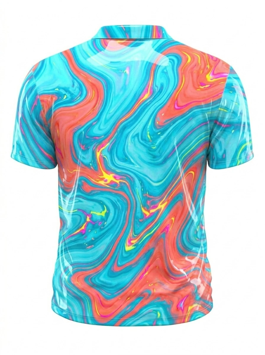 Moisture Wicking Golf Polo 3D Blue Red Swirl Liquid Button Short Sleeve Golf Polo Shirt