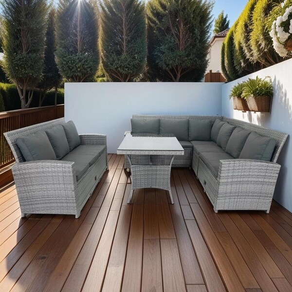 Grey Wicker 5piece Patio Outdoor Conversation Sectional Set with 3 UnderSeat Storage Compartments,Cushions