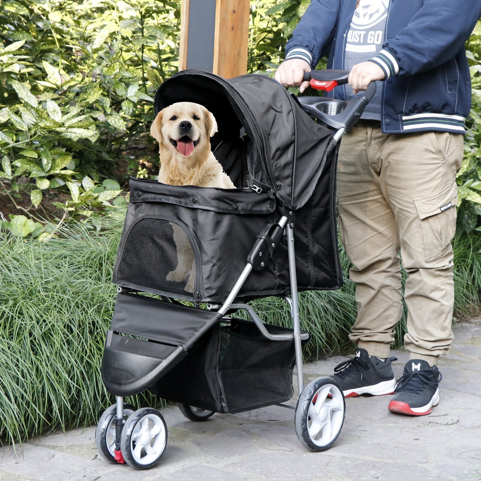 ZENY Three Wheels Pet Stroller, 360 Rotation, Folding Convertible Design, Black