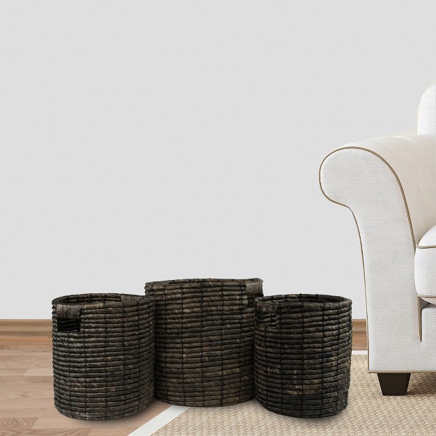 Northlight Set Of 3 Dark Brown Natural Woven Table And Floor Cylindrical Seagrass Baskets