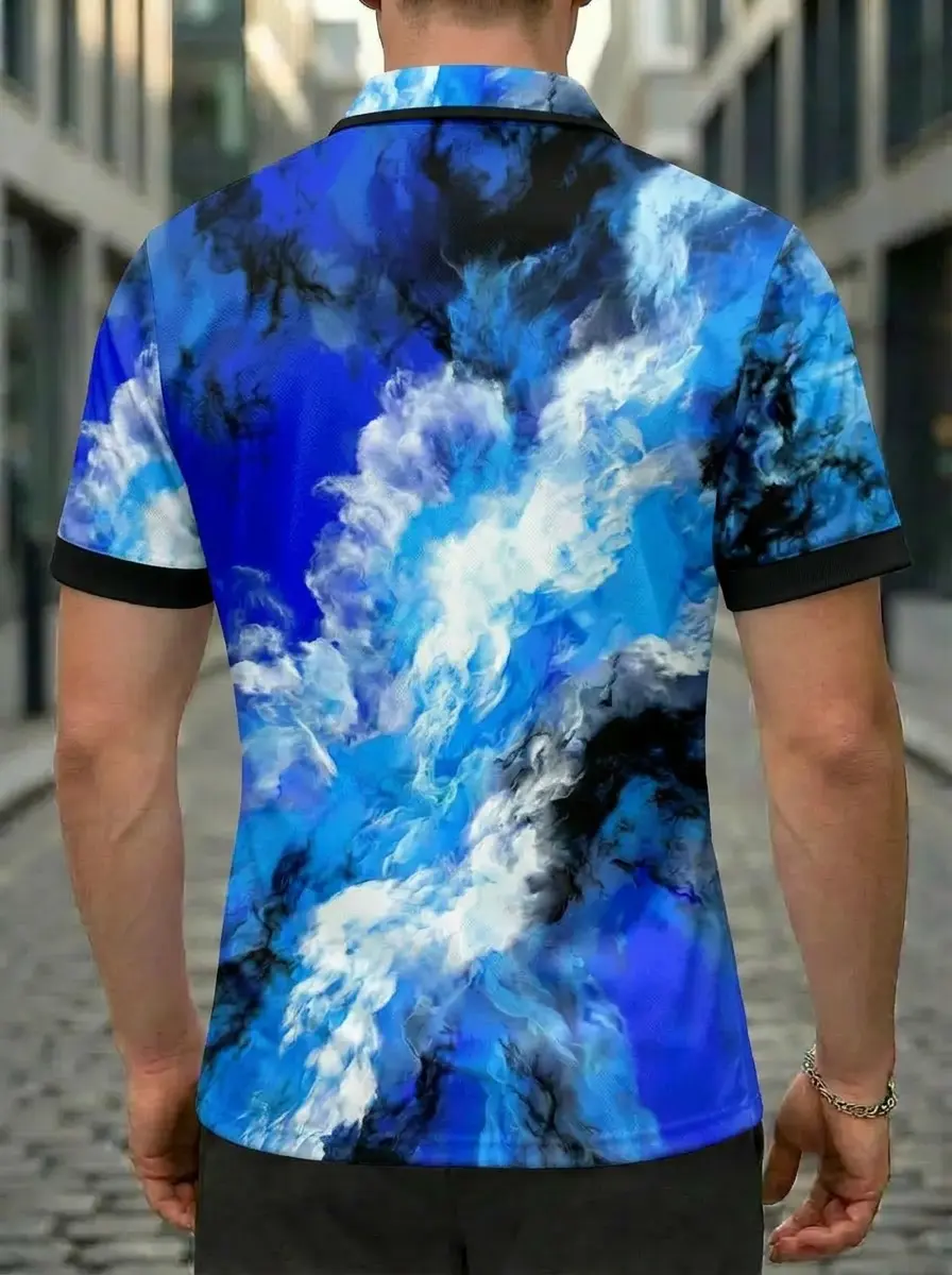 Moisture Wicking Golf Polo 3D Blue White Black Watercolor Smoke Button Short Sleeve Golf Polo Shirt