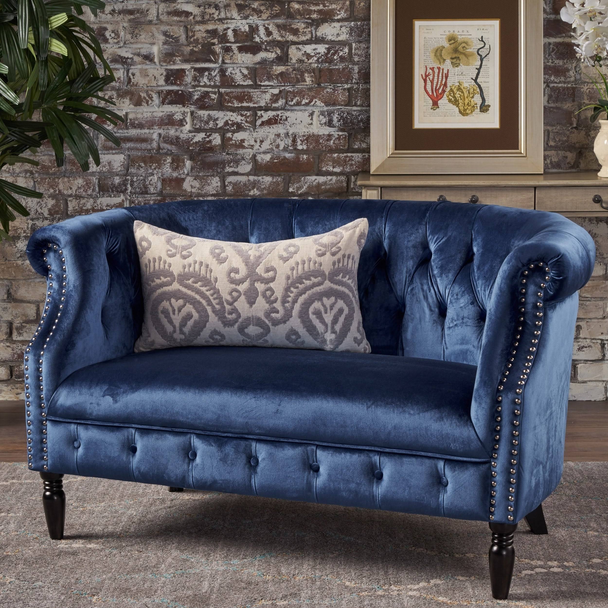 Milani Tufted Scroll Arm Velvet Loveseat by Christopher Knight Home Navy