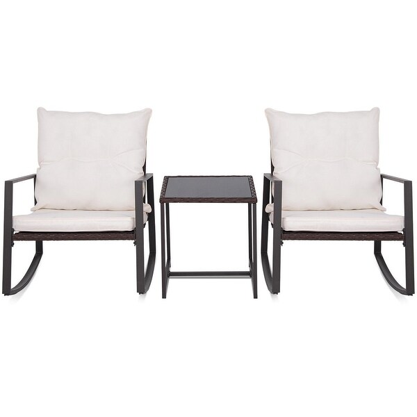 3 PCS Patio Rocking Wicker Bistro Set Outdoor Rattan Wicker Set w/ cushion