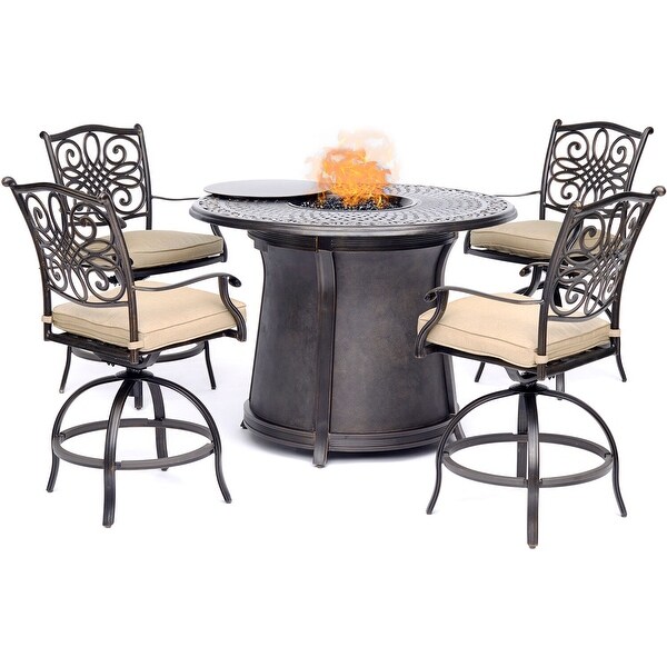 Hanover Traditions 5Piece HighDining Set with 4 Swivel Chairs and a 40,000 BTU Casttop Fire Pit Table