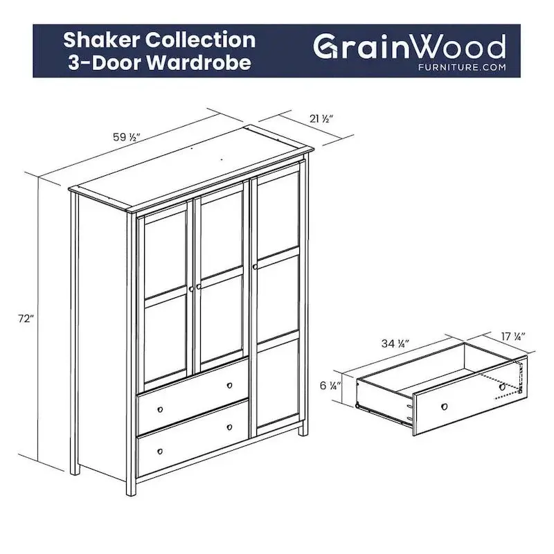 Shaker-Style Grain Wood Armoire – 3-Door Solid Wood Wardrobe (60″W x 72″H x 22″D)