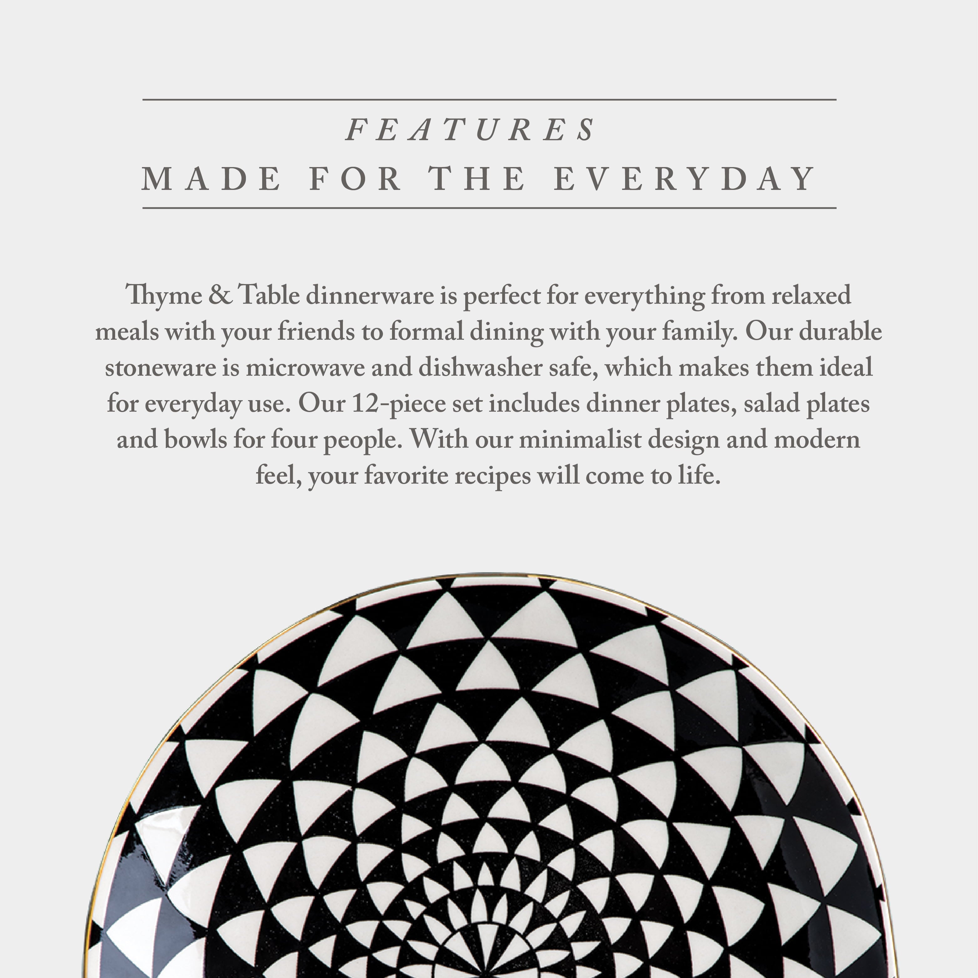 Thyme and Table Dinnerware Black and White Medallion Stoneware, 12 Piece Set