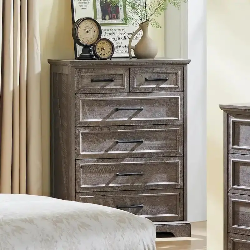 Rustic Farmhouse Dresser – 6-Drawer Wooden Chest with Distressed Wood Finish
