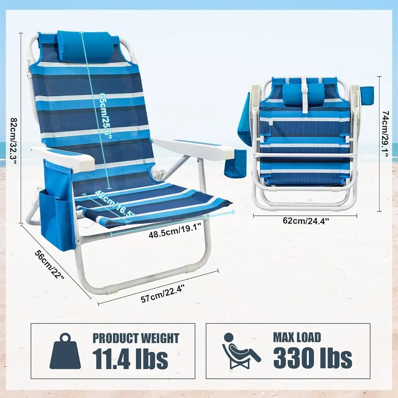 Two-Pack Textilene Folding Beach Chair – 5-Position Recliner with Backpack Straps, Cooler Bag, and Cup Holder