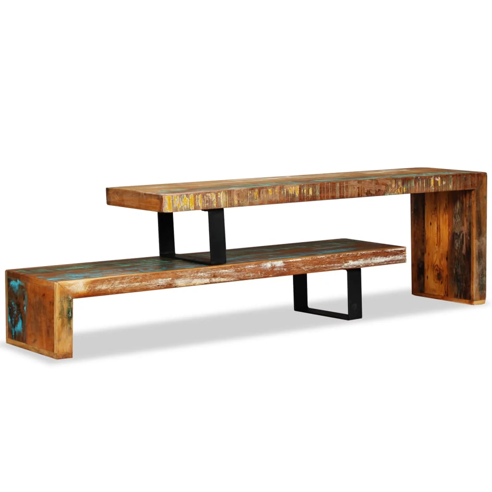 moobody 2 Tier TV Stand with Storage Space and Iron Legs Wooden Stackable Couch Table End Side Table Living Room Home Office Furniture Handmade (Reclaimed Wood)