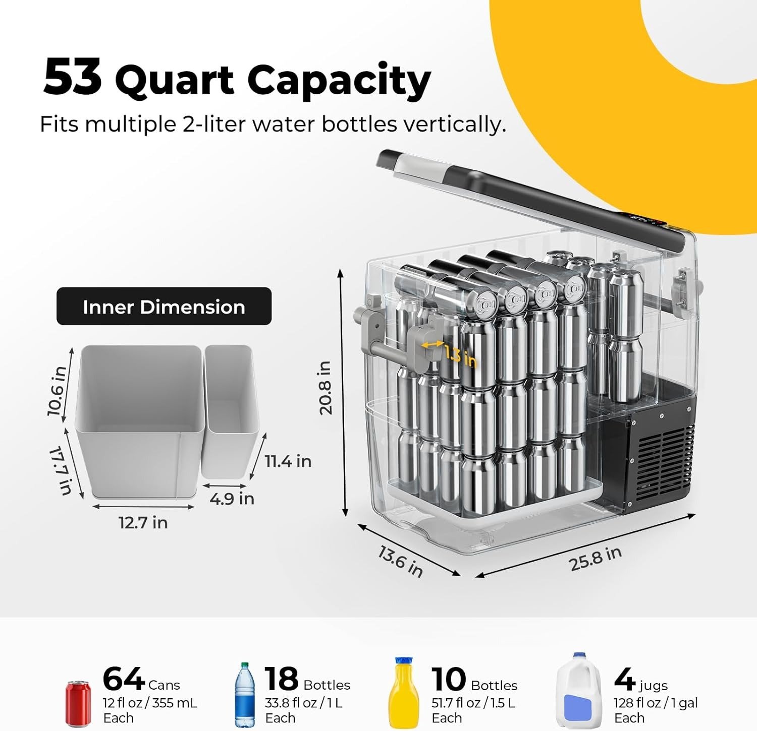 53 Quart Portable Refrigerator Freezer 12V/24V DC & 110-240V AC Compressor Cooler Black