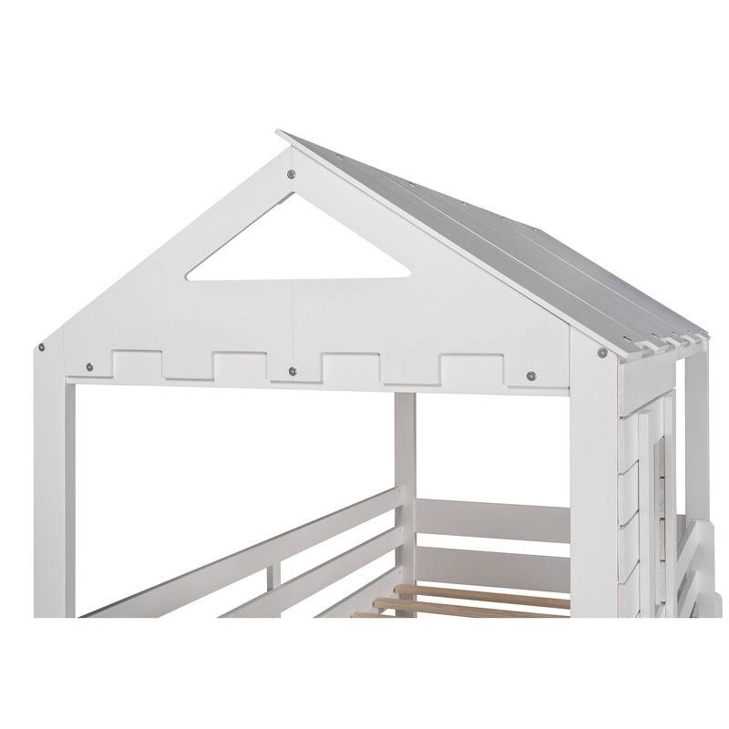 [Pre-Sale]Twin Over Twin Solid Wood Loft Bed,Bunk Bed with Roof,Window,Guardrail and Ladder - Antique White