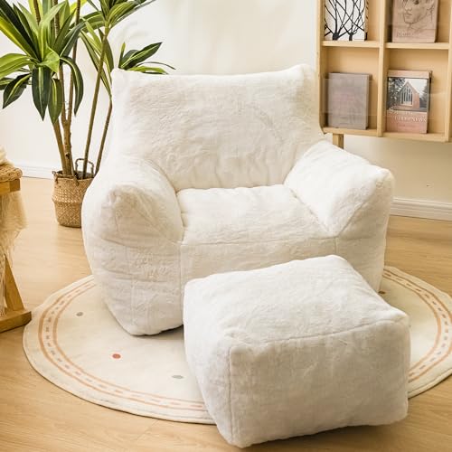 Bean Bag Chair, Sherpa Accent Beanbag Chair and Ottoman Set, Fur Faux BeanBag Chair with Memory Foam Filled, Lazy Sofa Comfy Cozy BeanBag Chair for Dorm, Apartment, Living Room (Colorful)