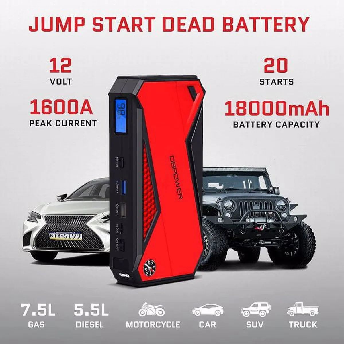 2026 Peak 1600A 18000mAh Car Battery Jump Starter, up to 7.2 Gas, 5.5L Diesel Engines, Portable Battery Booster with Smart Charging Port, LCD Display, Intelligent Jumper Clamps, DJS90, Red Black