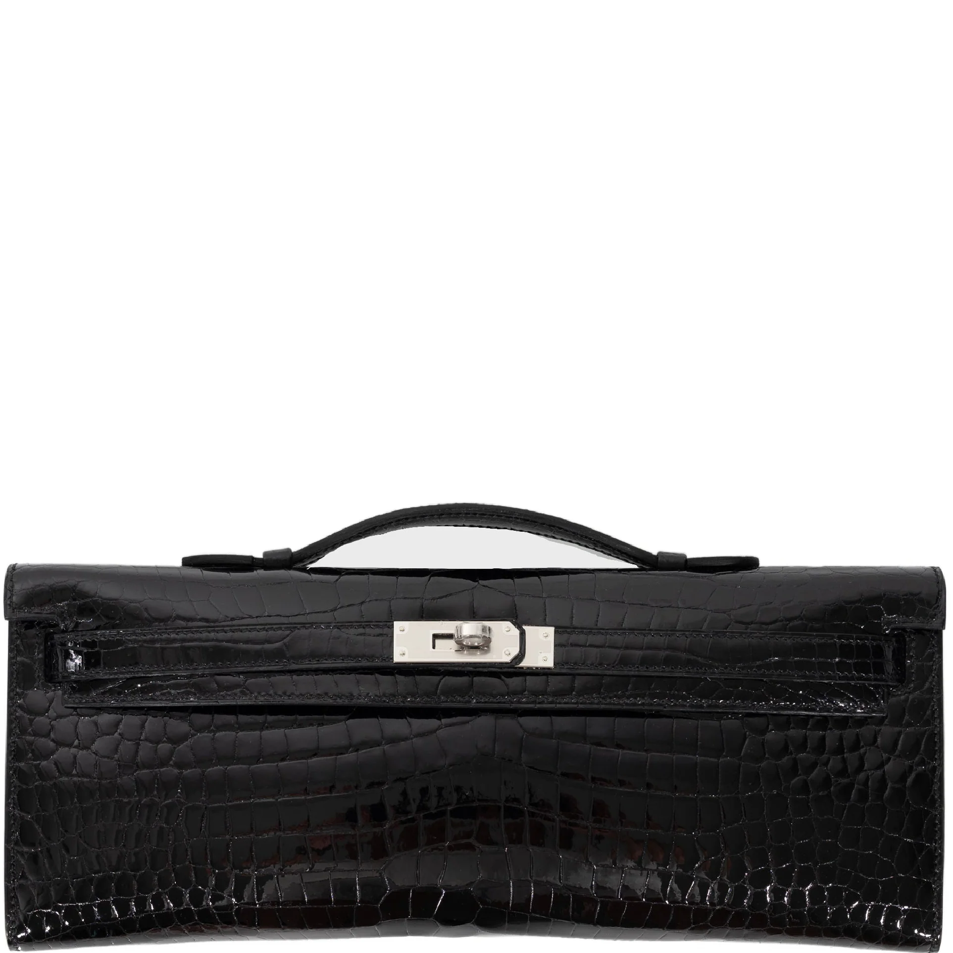 Hermès Kelly Cut Noir Shiny Porosus Crocodile Palladium Hardware