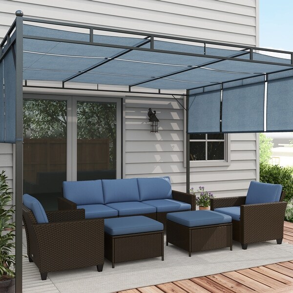 Outsunny 5 Piece Patio Furniture Set with Cushions,Outdoor Conversation Set with Rattan ThreeSeater Sofa,Chairs and Footstools
