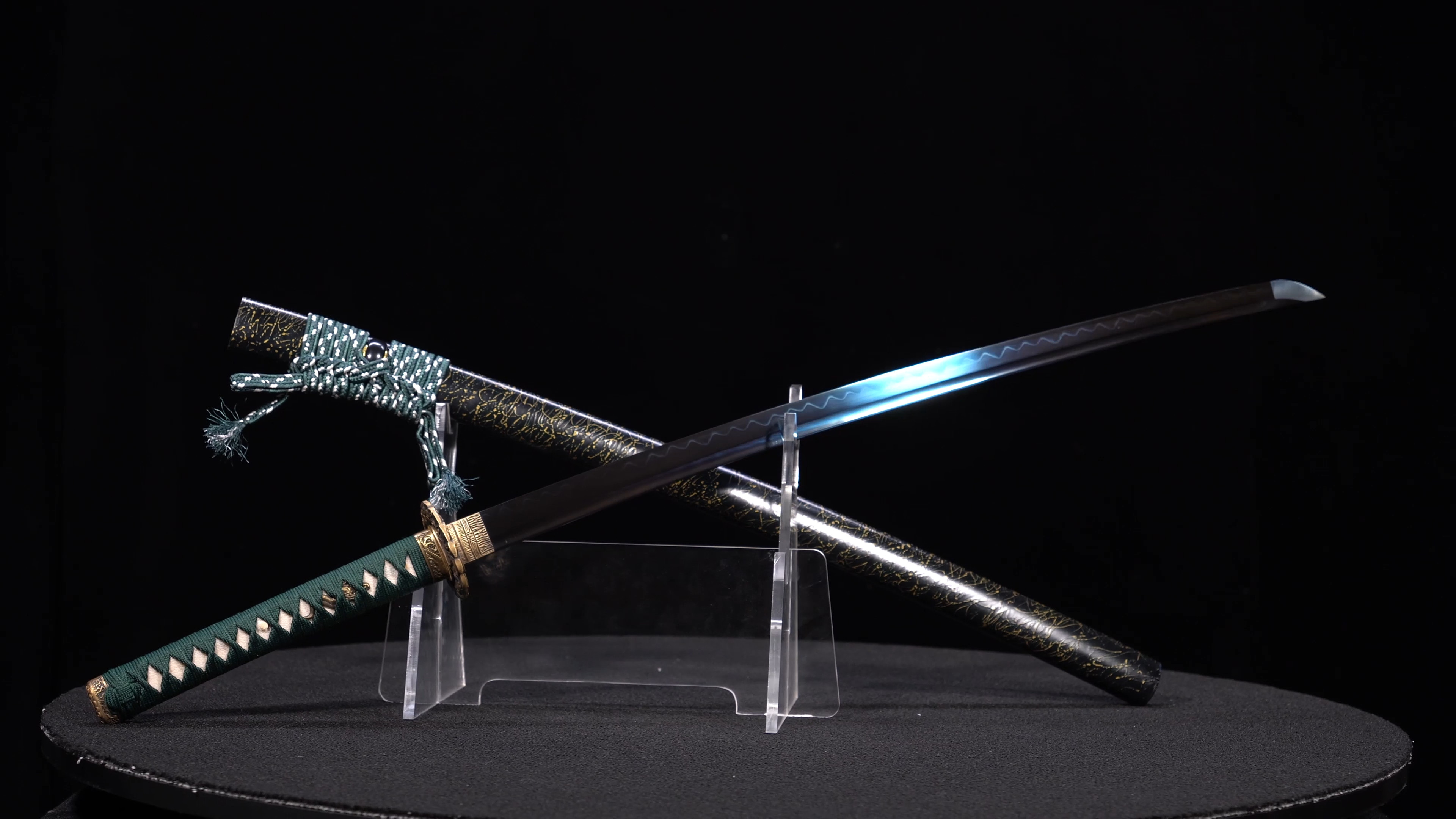 Handmade Katana T10 Steel Clay Tempered Blue Blade Azure Cloud Full Tang