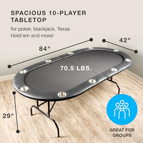 Brybelly 10-Person Foldable Poker Table with Suited Speed Cloth and Jumbo Stainless Steel Cupholders (Black, 84 Inch)
