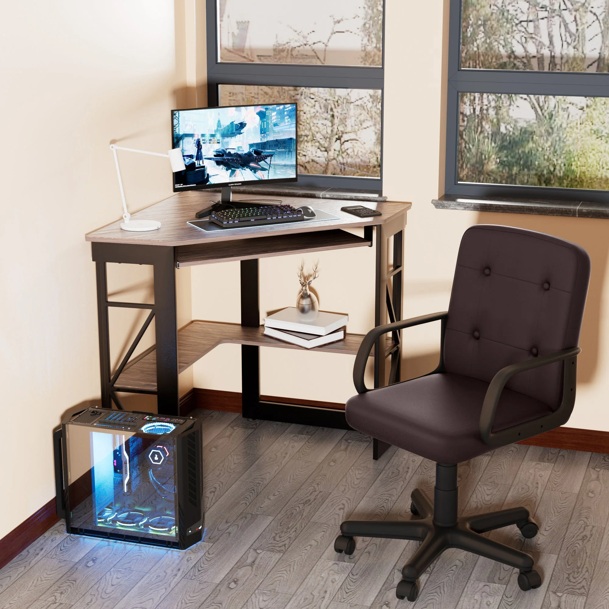 VECELO Corner Computer Desk & Chair Set, Ergonomic High Back Adjustable Height Office Chair and Study Writing Table with Keyboard Tray and Storage Shelf, Antique Brown+Coffee