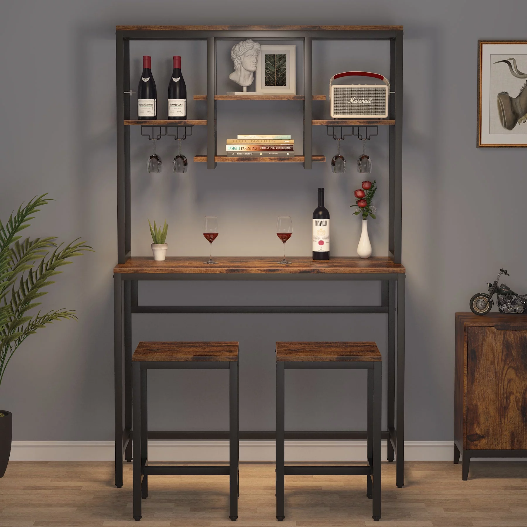 Bar Table Set, Pub Table and Chairs Set of 2, Industrial Wine Rack Table with Glass Holder and Storage
