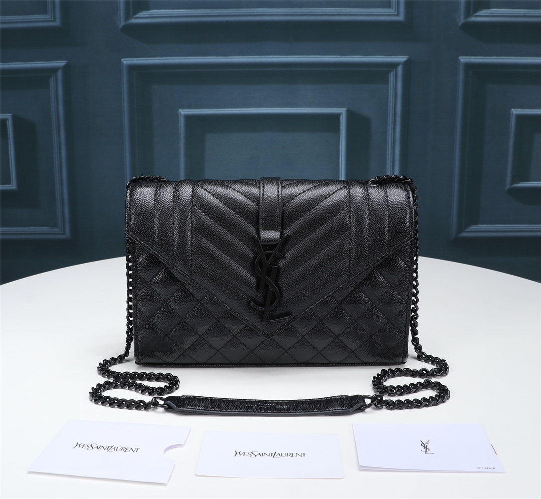 Saint Laurent Envelope Small Bag In Mix Matelasse Grain De Poudre Embossed Black Noir