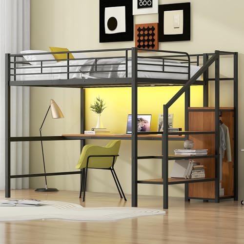 Queen Loft Bed with Desk and Stairs, Metal Loft Bed with Storage Shelves and Wardrobe, Heavy-Duty Loft Beds with LED Lights and USB Ports for Kids, Teens, Adults, White