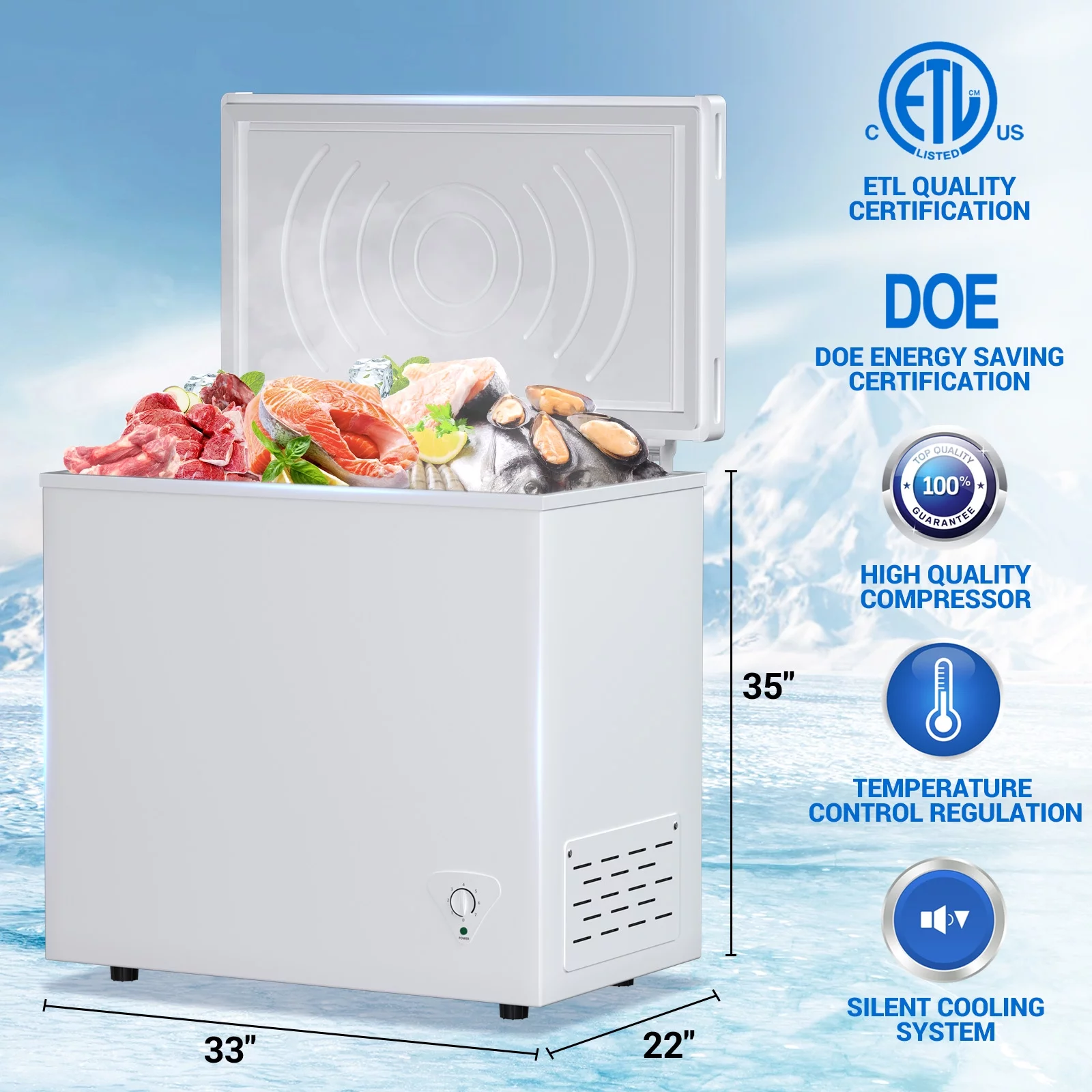 7 Cu. Ft. Chest Freezer with Removable Basket, Fast Freeze Small Deep Freezer, Adjustable 7 Thermostat Free Standing Top Door Compact Freezer for Homes, Apartments, Garages and RVs