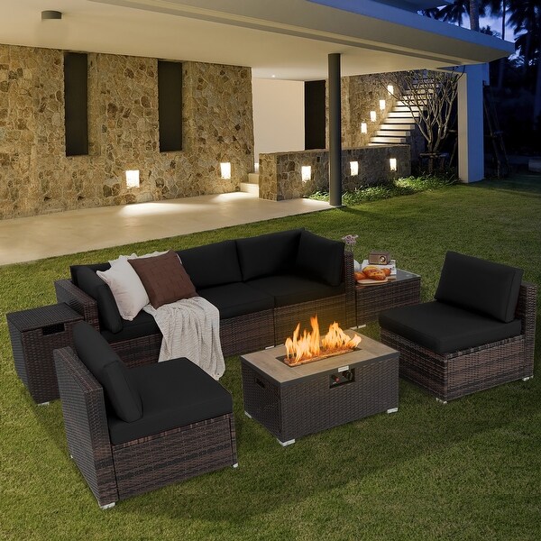 Costway 8PCS Patio Rattan Furniture Set Fire Pit Table Tank Holder