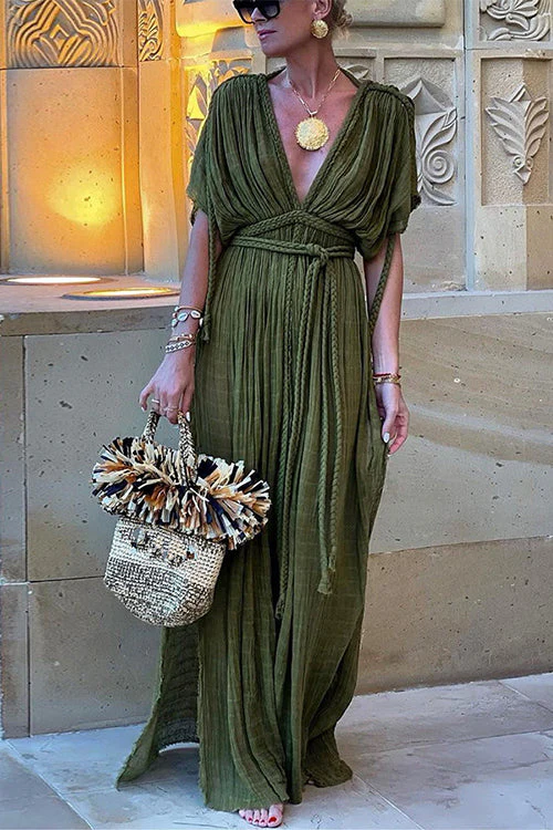 Plunge Neck Tie Waist Maxi Dress with Side SlitClistos