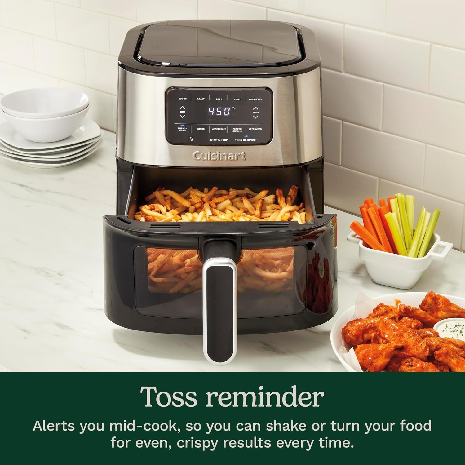 6QT 5-in-1 Air Fryer with Viewing Window, 5 Presets, Toss Reminder, Stainless Steel & Black