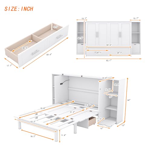 Full Size Murphy Wall Bed With Storage and Bookcase Headboard, Solid Wood Cabinets With Shelves, Drawers and USB Ports, Multi-Function Platform for Home Office, Guest Room - White