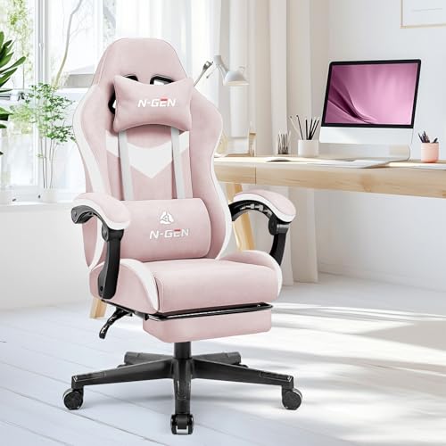 N-GEN GAMING Video Gaming Chair Office Computer Desk Use Ergonomic Reclining Backrest Adjustable Armrests Lumbar Support Footrest High Density Foam Breathable Fabric Heavy Duty Base (Grey)