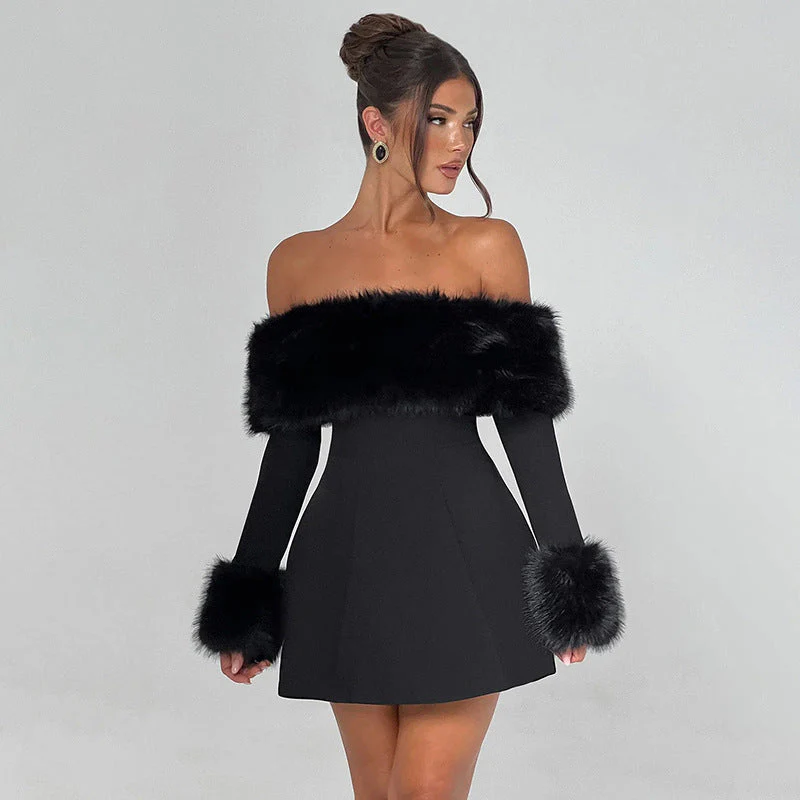 Off Shoulder Fur Trim A-Line Mini DressClistos