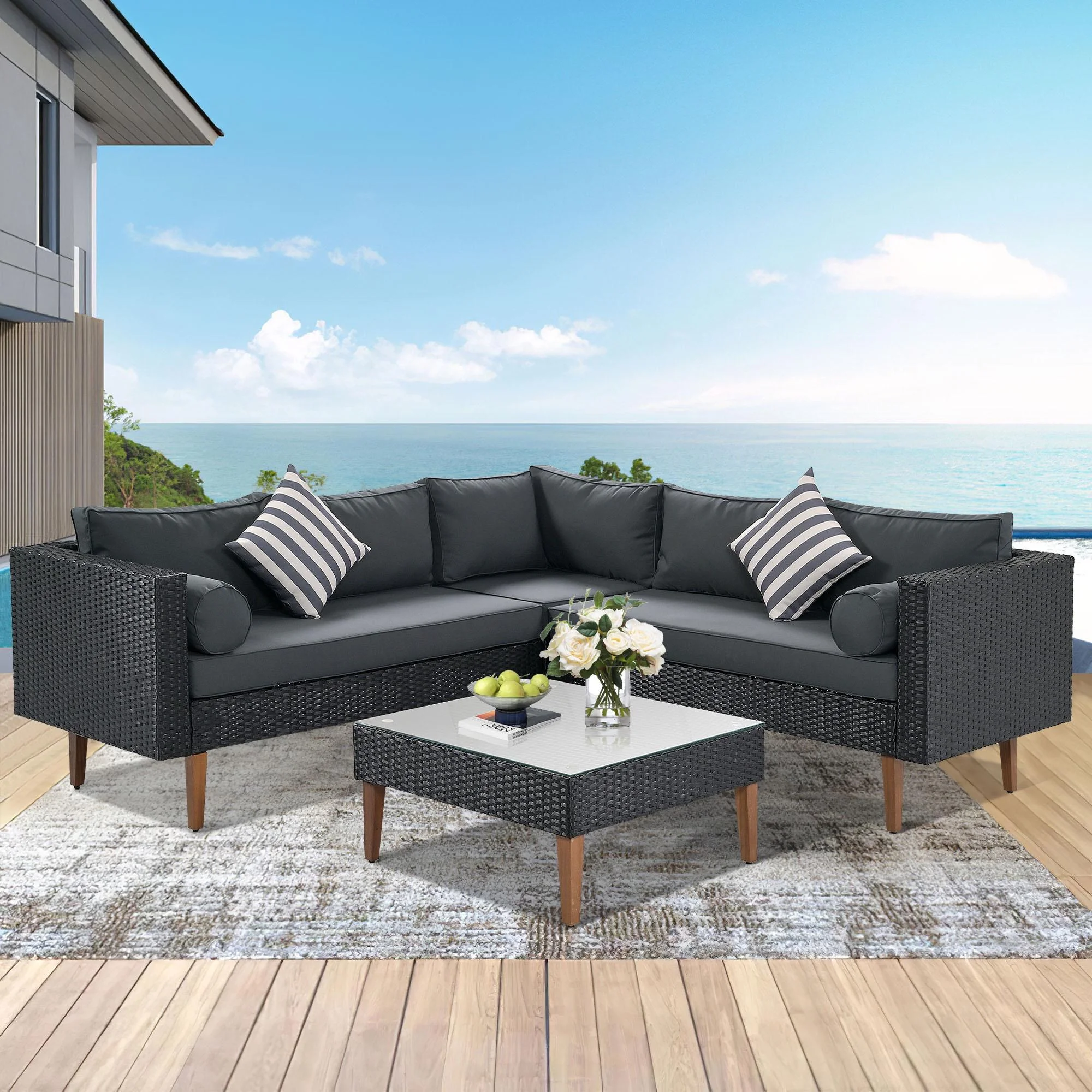 SEGMART 4 Pieces Outdoor Patio Furniture Set, All-Weather Sectional Wicker Sofa with Colorful Pillows & Table, Patio Conversation Set for Garden, Poolside, Porch, Gray