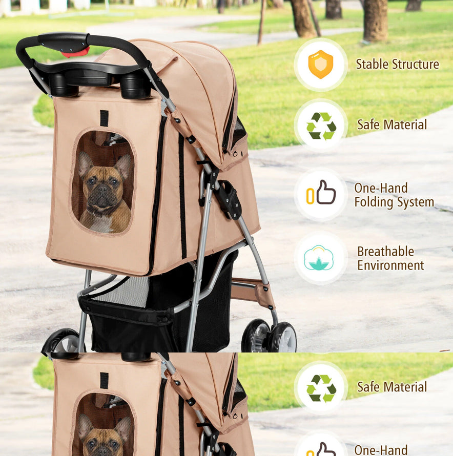 Foldable Pet Stroller 4-Wheel Cat Dog Travel Carrier w/ Storage Basket