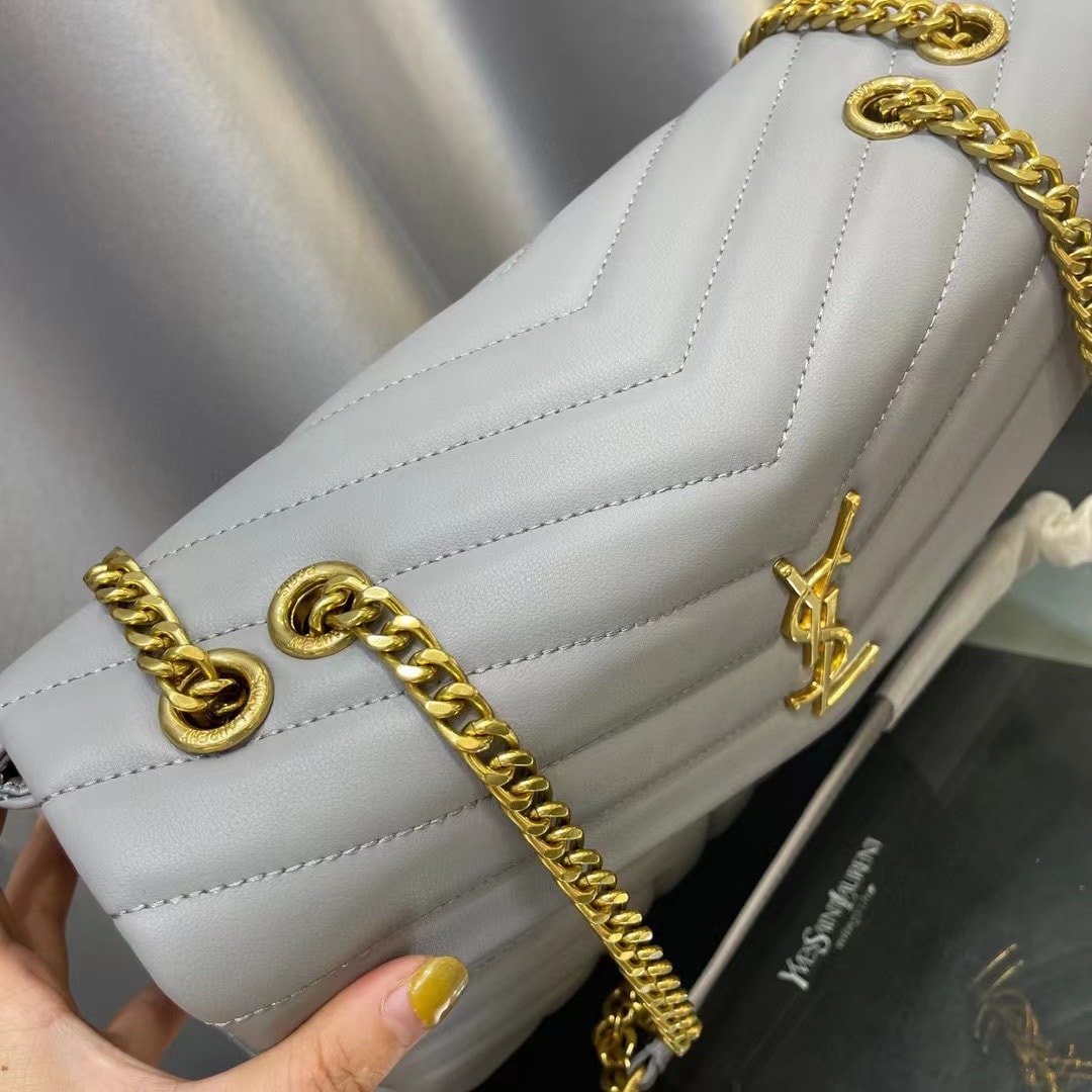 Saint Laurent Loulou Medium Chain Bag In Matelasse Y Leather Gray