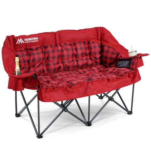 Double Camping Chairs Padded Loveseat Chair for 2 Person - Heavy Duty Oversized Camping Couch for Adults Outdoor Lawn Beach - Portable Folding Sofa with Cup Holders and Carry Bag, Grey