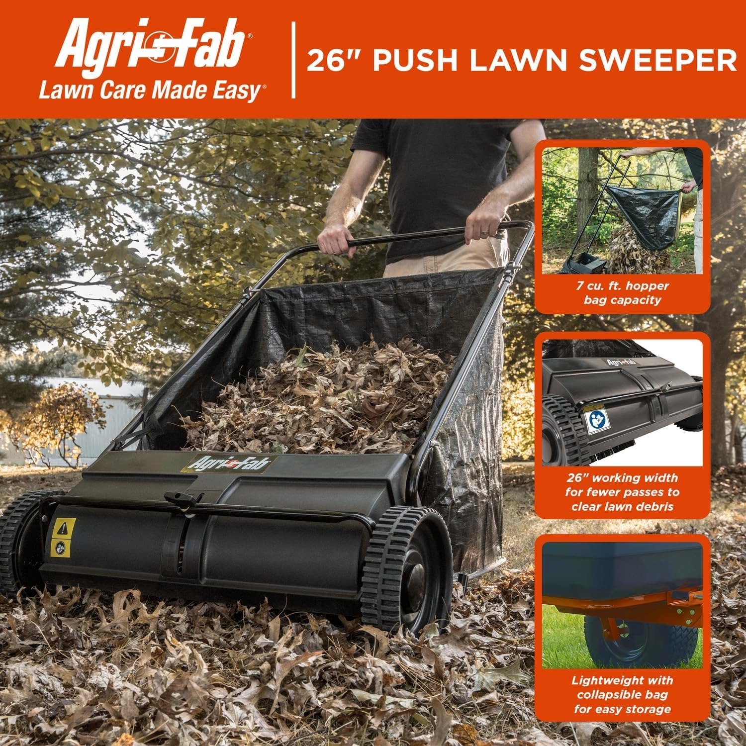 26′′ Push Behind Lawn Sweeper, 7 cu. ft Hopper Bag Capacity; Leaf & Grass Catcher, with Adjustable