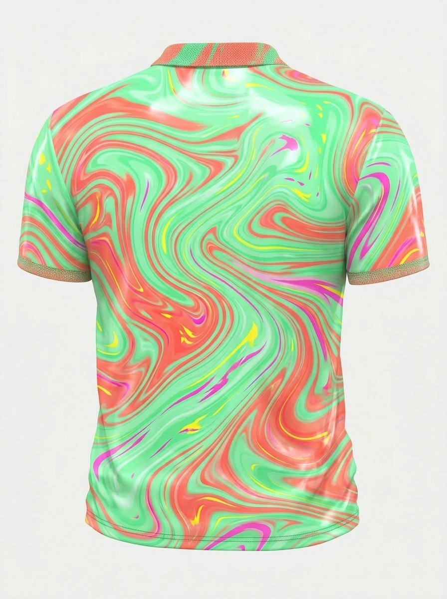 Moisture Wicking Golf Polo 3D Green Red Swirl Liquid Button Short Sleeve Golf Polo Shirt