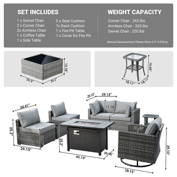 HOOOWOOO 8piece Rattan Wicker Patio Furniture Set with Fire Pit