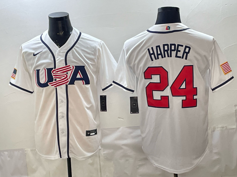 Men's USA Baseball Bryce Harper #24 White 2026 World Baseball Classic Stadium Jersey