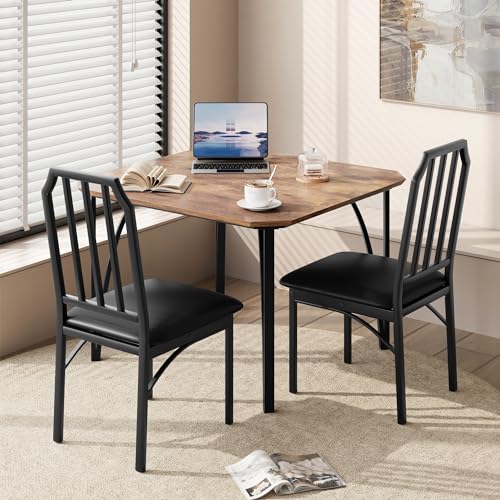 GAOMON Dining Table Set for 2, Kitchen Table and Chairs with Chamfer Design, 3 Piece Dining Room Set with Cushion Seats for Small Spaces, Home Kitchen, Apartment - Rustic Brown