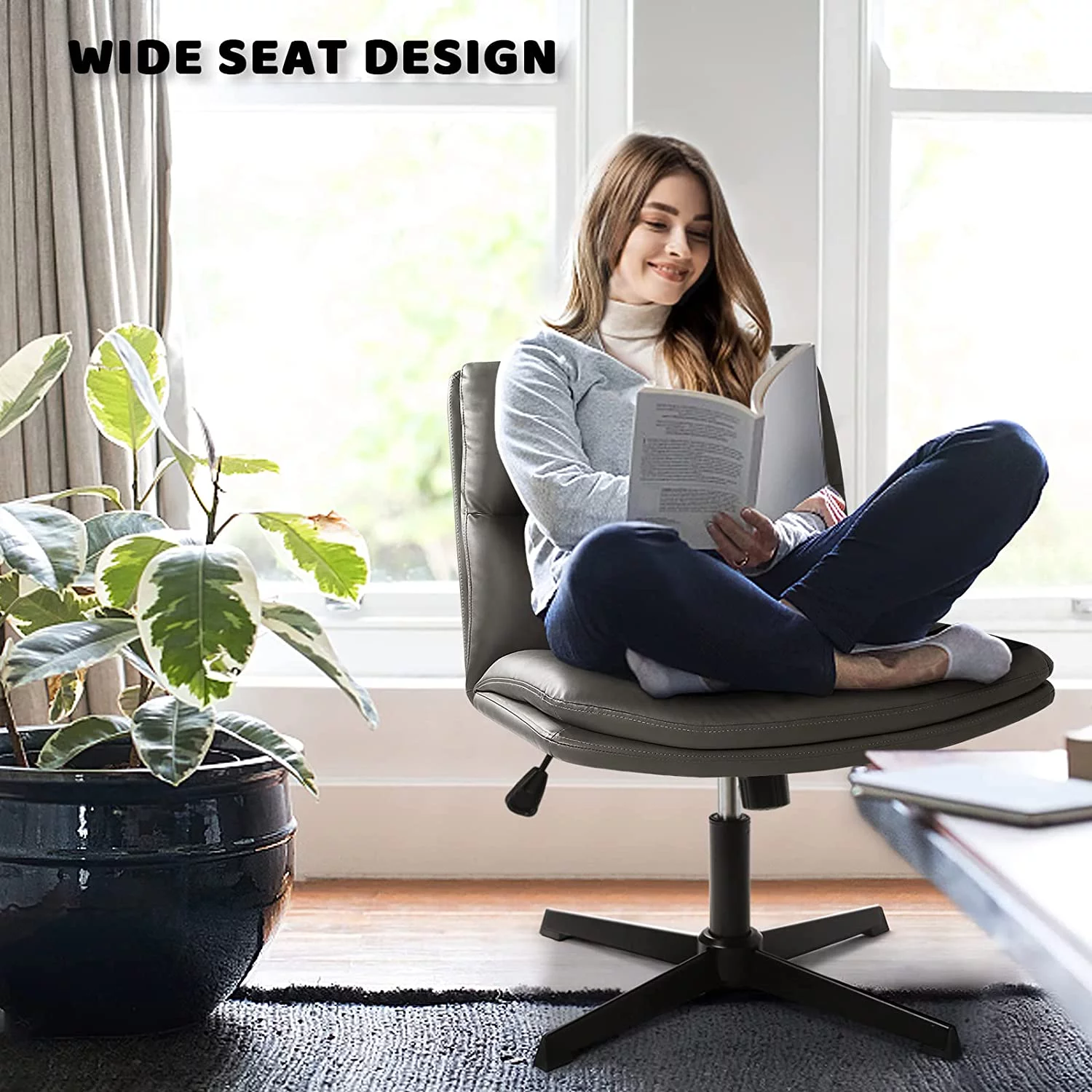 PU Leather Padded Desk Chair No Wheels, Armless Wide Swivel Home Office Desk Chair,120°Rocking Mid Back Ergonomic Computer Task Vanity Chair for Home Office, Make Up,Small Space,Grey