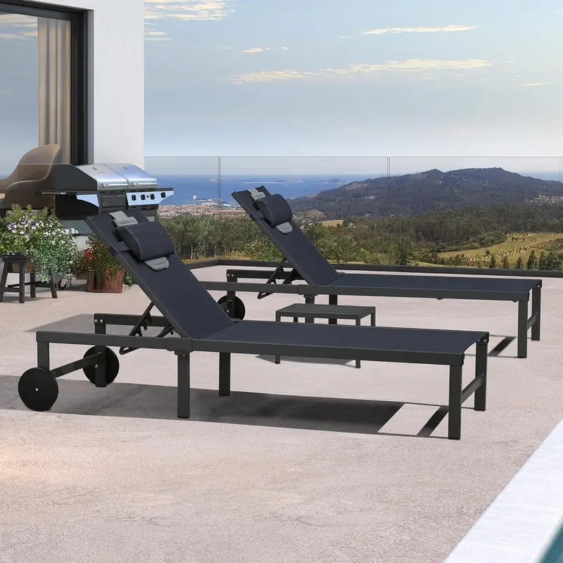 PURPLE LEAF Tanning Lounge Set – Adjustable Aluminum Reclining Chairs with Face-Down Hole, Wheels, Pillows & Matching Table